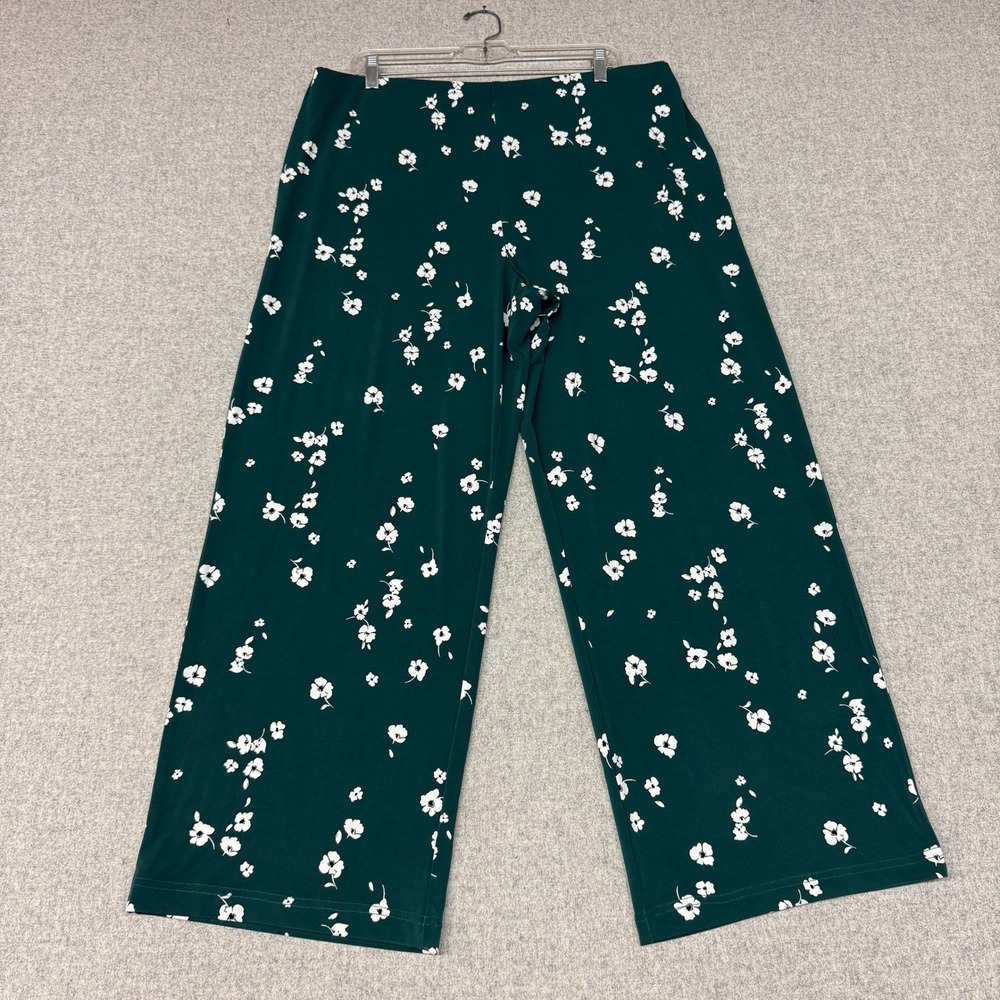 Alfani Wide Leg Pants XL Green Floral Pull On Trousers Relaxed Fit Stretch Knit